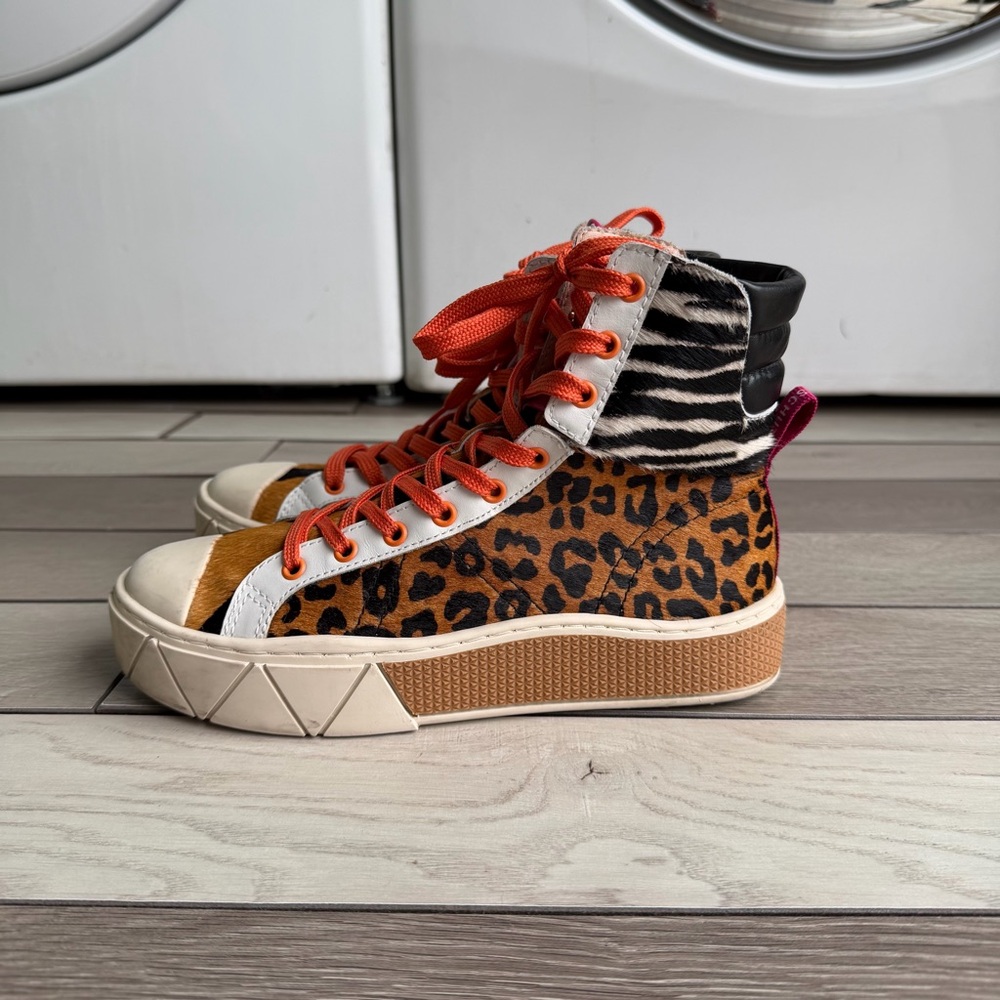 SCHUTZ Leopard & Zebra Print High-Top Sneakers with Orange Laces - Picture 6 of 11